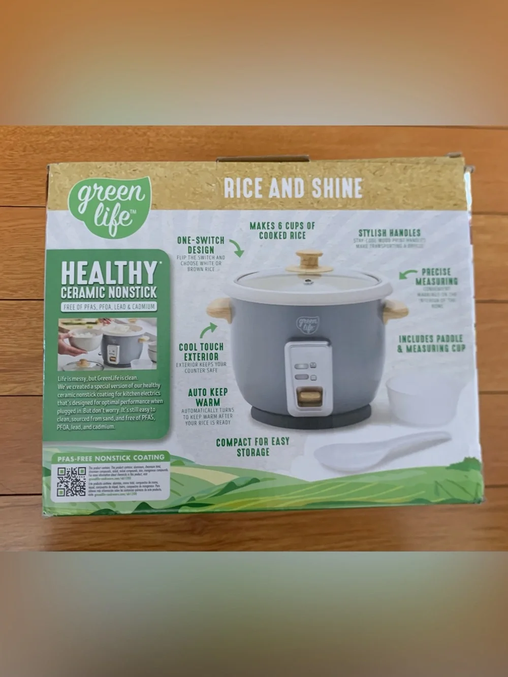 GreenLife Rice Cooker, 3-Cups Uncooked/6-Cups Cooked, Gray New